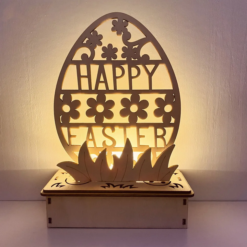 New 13*6*18cm Egg-shaped LED Lighting Wooden DIY Easter Table ornaments With Battery Box For Happer Easter Party