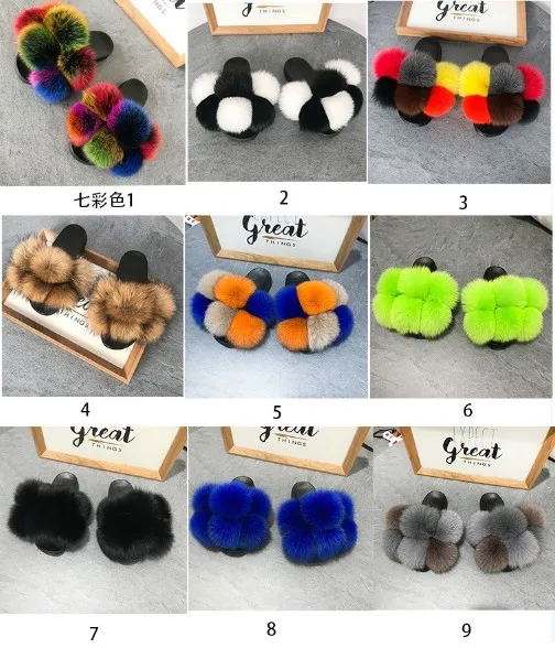 
Wholesale customized colorful cute pom pom balls fox fur slides fluffy multi-color fruffy fur slippers 