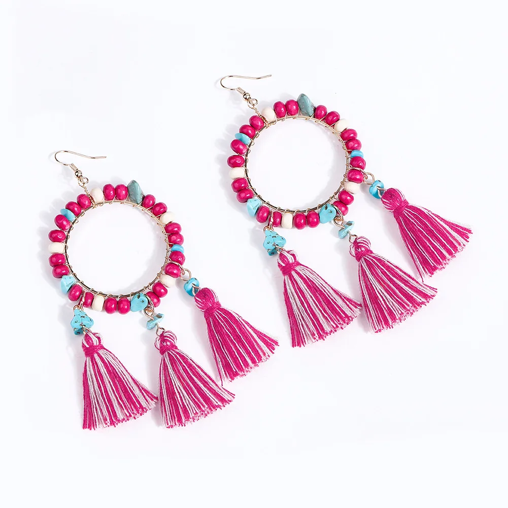 New Arrivals Handmade Woven Colored Cotton Tassel Earring Women Vintage Natural Stone Agate Wood Beads Geometric Beaded Earrings