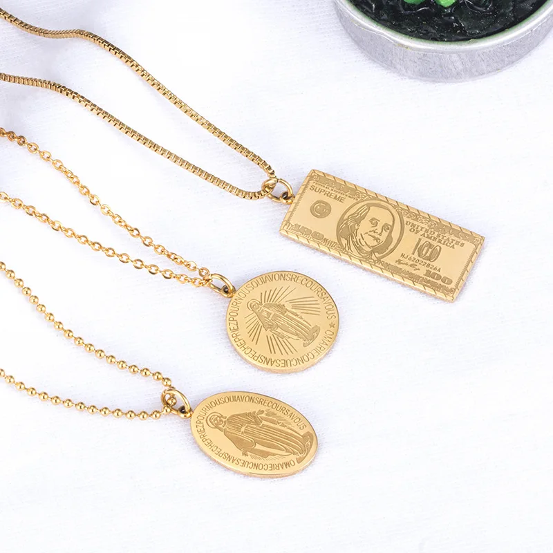Notre Dame The Madonna Religious Medals Catholic Pendant Stainless Steel Gold Pendant Necklace Round Coin Pendant