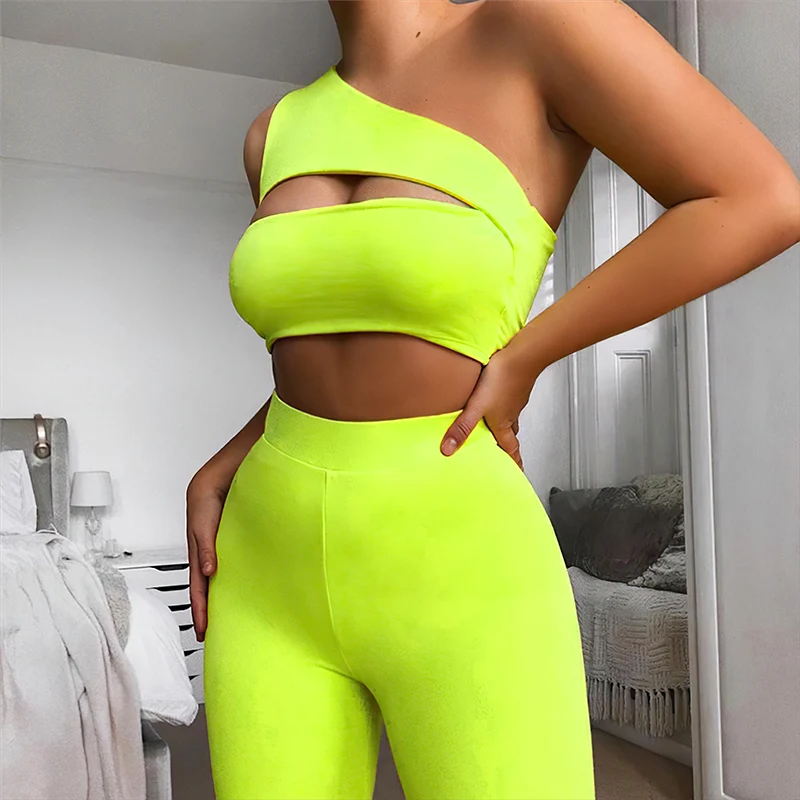 2022 Custom Logo Spring Off Shoulder Hollow Out Neon Color Crop Top High Waist Shorts Suits Casual Sporty Women 2 Piece Set