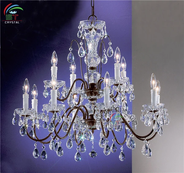 Mediterranean style decoration lighting fixtures antique brass metal frame 8+4 lights wrought crystal chandelier