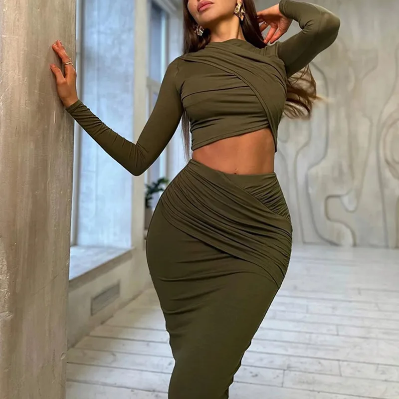 Sml Solid Round Neck Irregular Long Sleeved Open Navel Top Casual Half Skirt 2-Piece Set Fashion Set