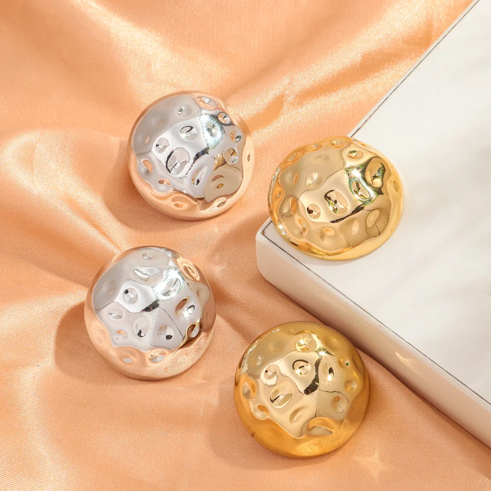 Korean Popular Statement Jewelry Oversized Hammered Earring Jewelry Metallic Color Gold Filled Trend Acrylic Round Stud Earrings