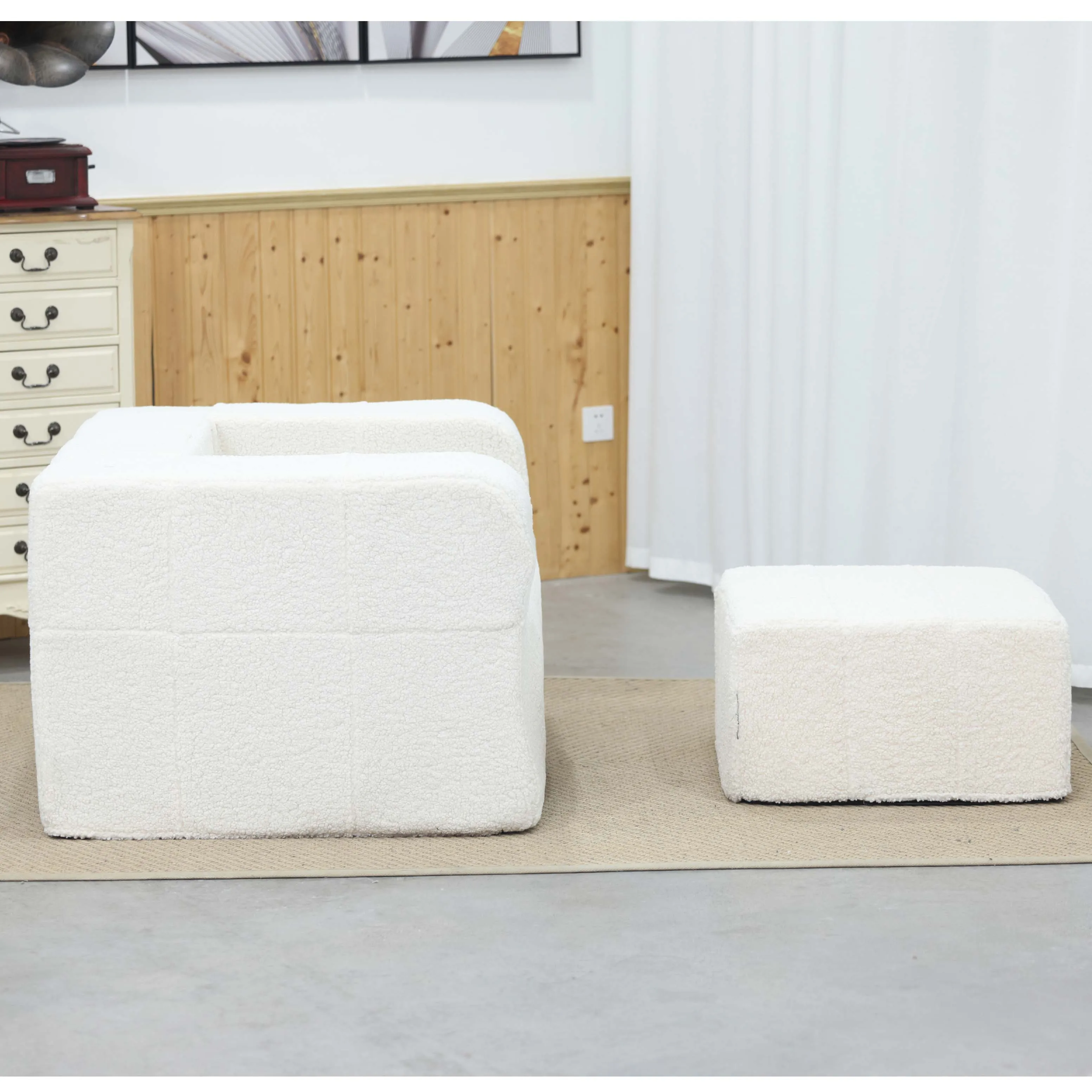 OEM Modern White Sherpa Indoor Sofa High Quality Compressible Density Foam Bean Bag Sofa Chairs with Ottoman
