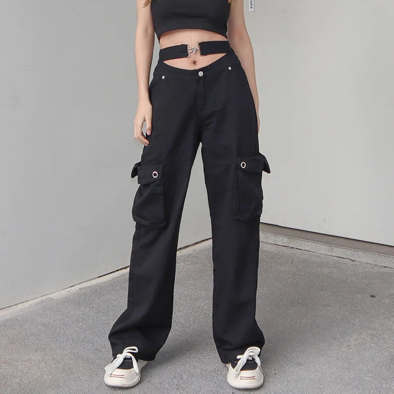 Boyfriend style buckle waist denim cargo pants high waist wide leg baggy women jeans