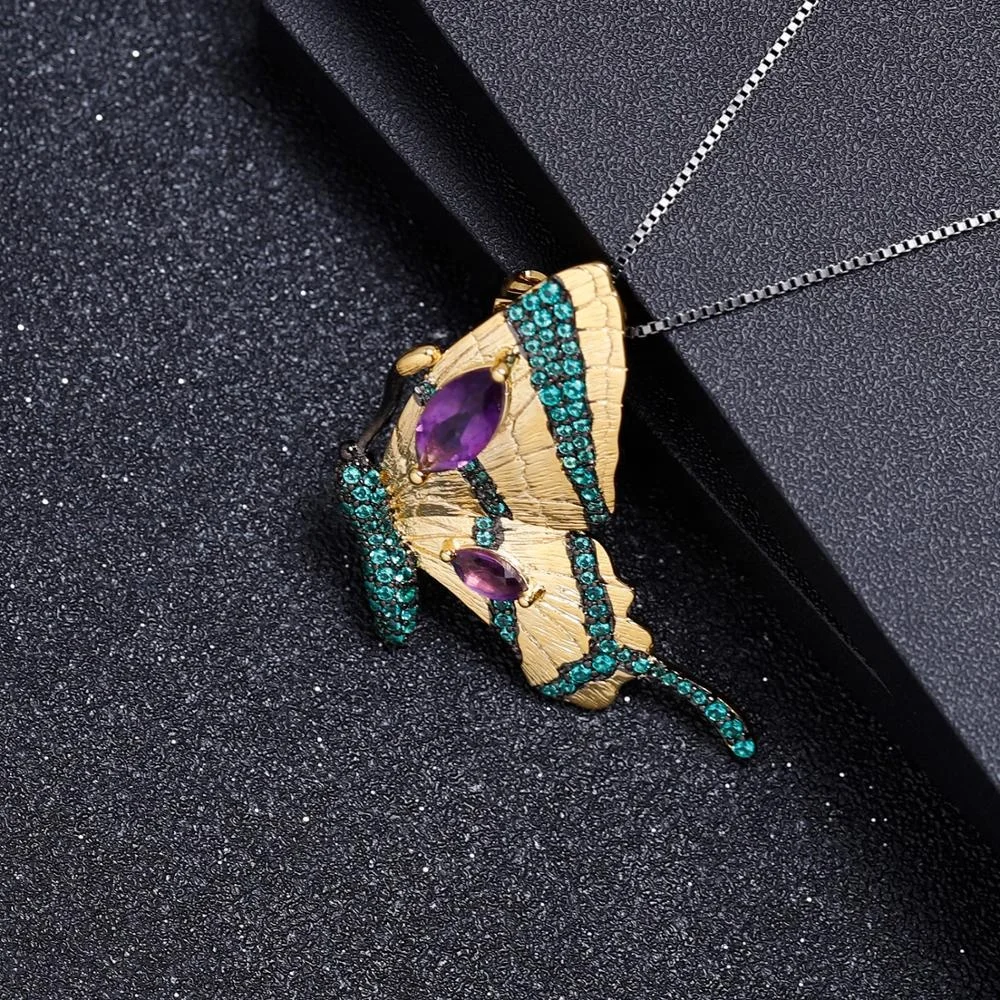 Abiding Butterfly 925 Sterling Silver Jewellery Natural Amethyst Pendant Necklace Gold Plated Brooch