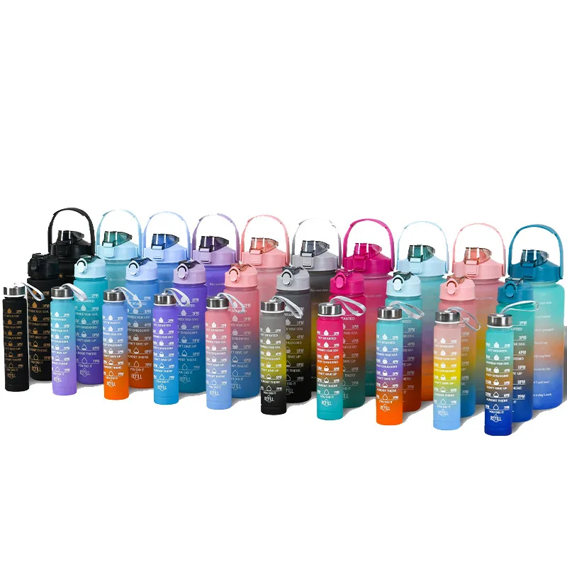 2025 hot 3 in 1 set bottle children motivational water bottle sports plastic water bottle wholesale with Straw for kids school