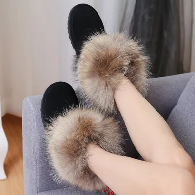 Fashion winter women boots ladies fur snow boots round toe raccoon fur cow leather warm anti-slip fur boots