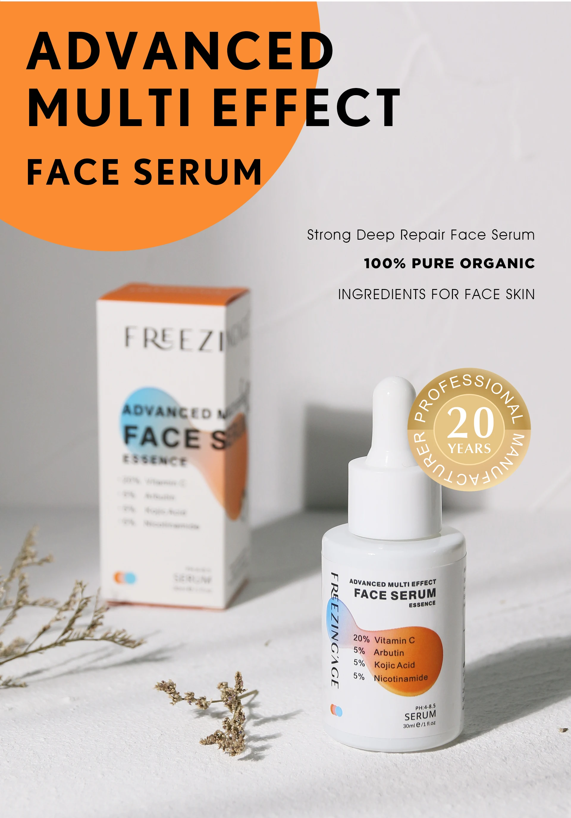 New Skin Care Serum Facial 4 in 1 Whitening Anti Age Face Serum  30% Vitamin C 5% Niacinamide  5% Arbutin 5% Kojic Acid Serum