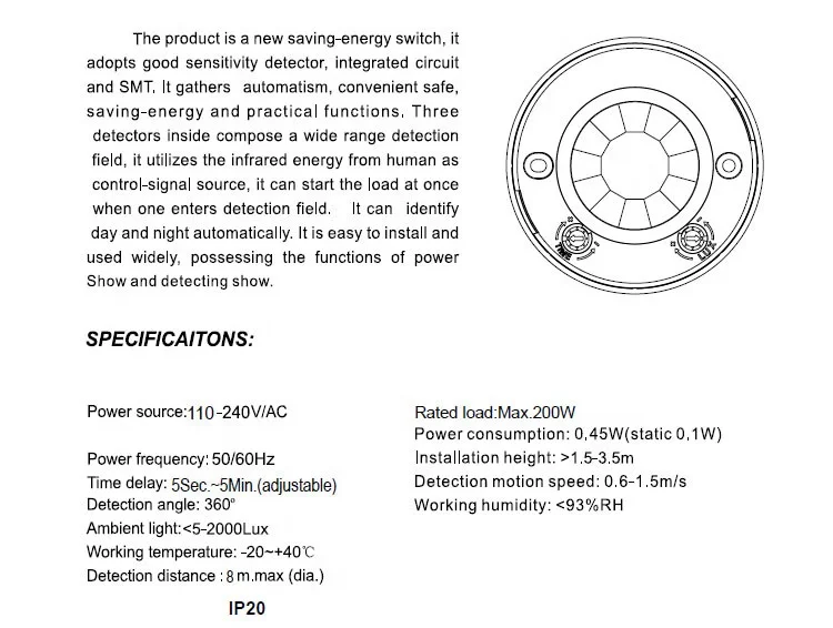 220V Mini flush mount pir occupancy sensor