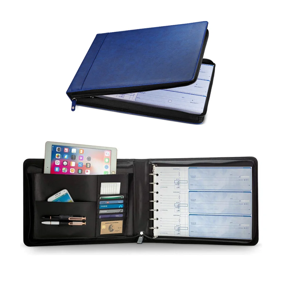PU Cover Check Registers Zippered Checkbook 7 Ring Business Check Binder Folder PU Leather 7 Ring Zip Check Binder