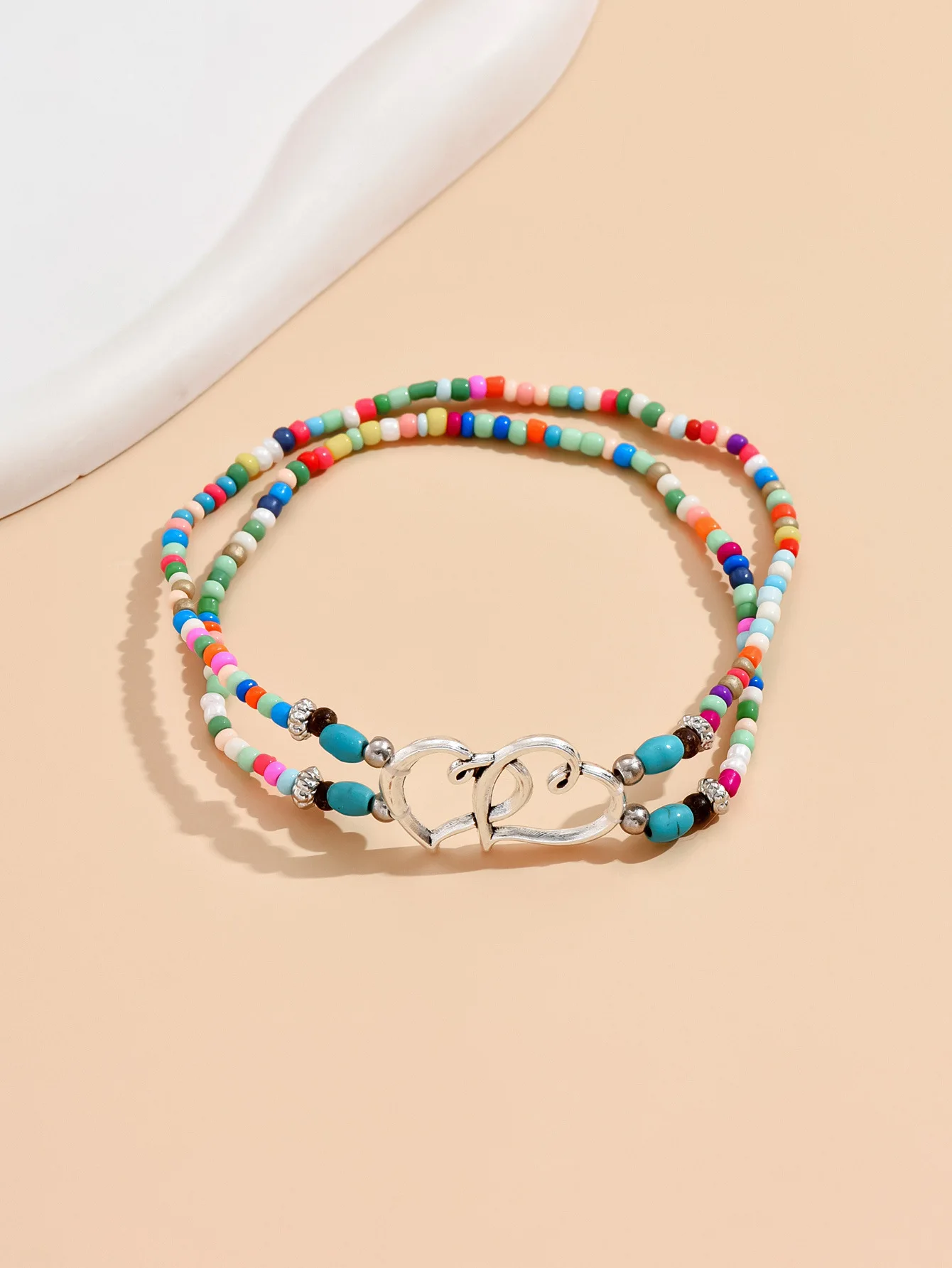Factory Direct Sales Beach Wind Foot Fashion Pop Stack love Rice Bead Anklet Heart to Heart Turquoise 2 Heart Beaded Anklet