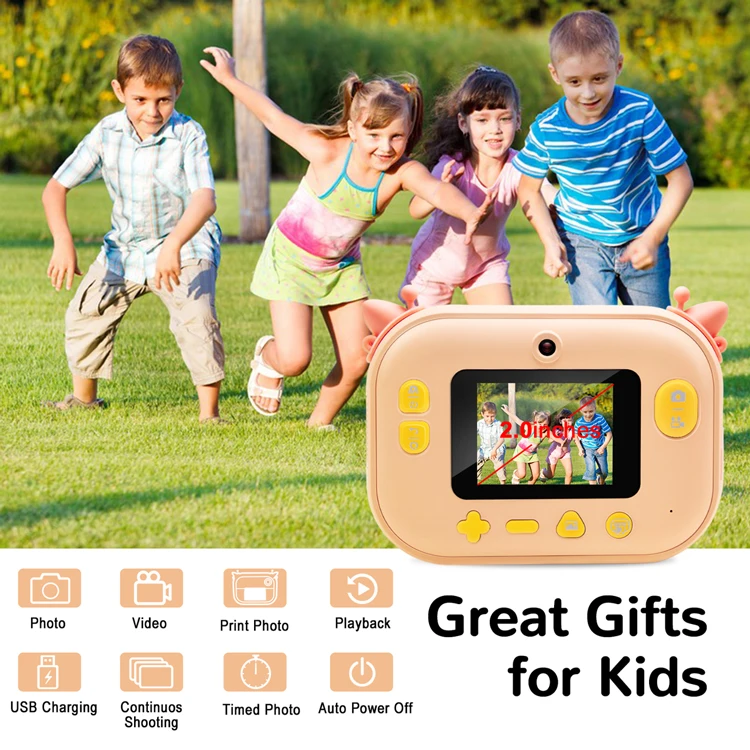 Factory 2.0 Inch Cartoon Selfie Cartoon Dual Lens Ips Screen Lcd Photo Printer Color Kids Camera With Printer Instant Camera