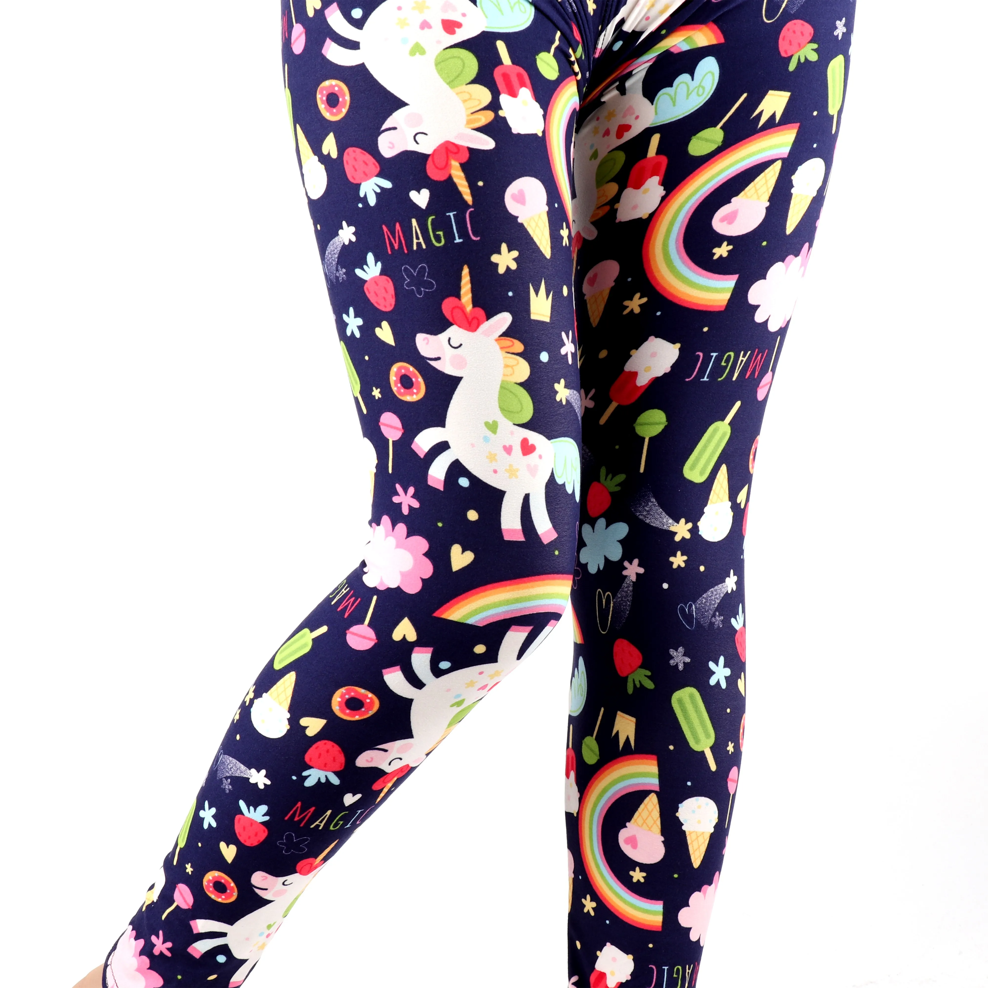 Индивидуальные ярлыки с высокой талией, индивидуальный дизайн, супер мягкие женские ленты для йоги, высокие и изогнутые радужные детские леггинсы с единорогом, оптовая продажа