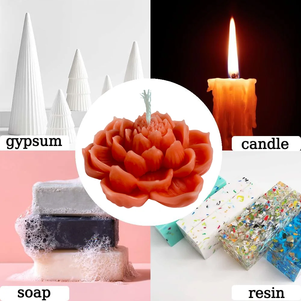 MHC Flower Candle Mold Small Lotus Large Set Tray Tiny Molds for Making Silicone with Wicks Wax Flowers 3d Flower Candle Mold