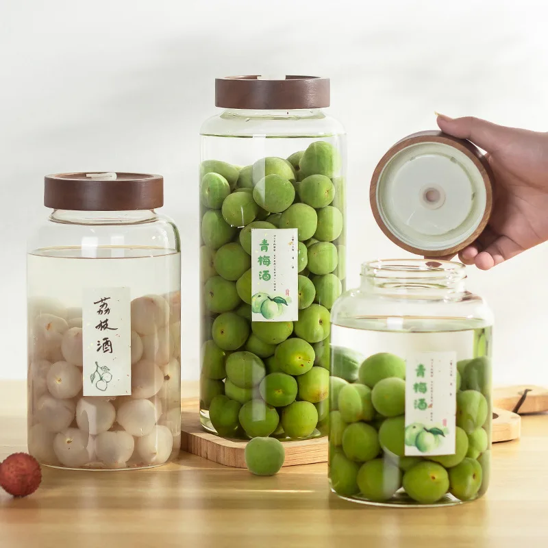 High Capacity Kitchen Storage Borosilicate Glass Mead Maker food storage container Jars with Airtight Acacia Wooden Lid