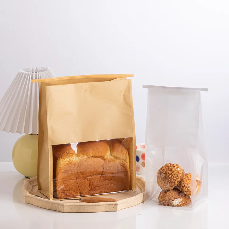 Wholesale No Handle Baking Toast Bread Packing Pastry Bakery White Kraft Paper Plastic Bread Bag With Window