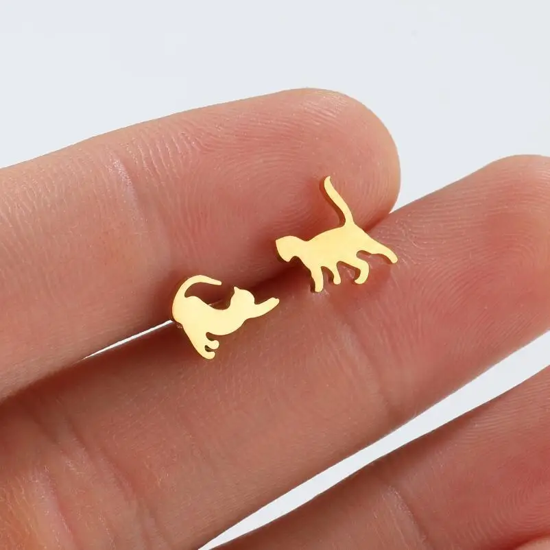 New Design Cute Animal Shaped Stainless Steel Earrings Women Personalized Gold Asymmetrical Pet Cat Stud Earrings for Girls