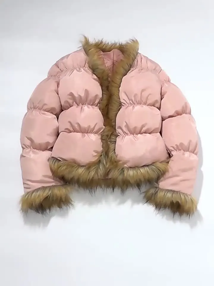 2022 New Winter Faux Fur Down Jacket Patchwork Long Sleeve Bubble Coat Women Thick Warm Faux Fur Collar Coat