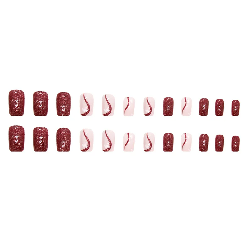 N1113 high shine diamond glitter red square press on nails tip with glue tab wood stick mini file set