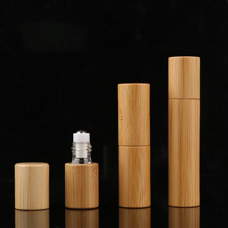Essential Oil Roll On Bottles Bamboo Cover Glass Steel 5ml Essential Oil Roller Glass Bottle