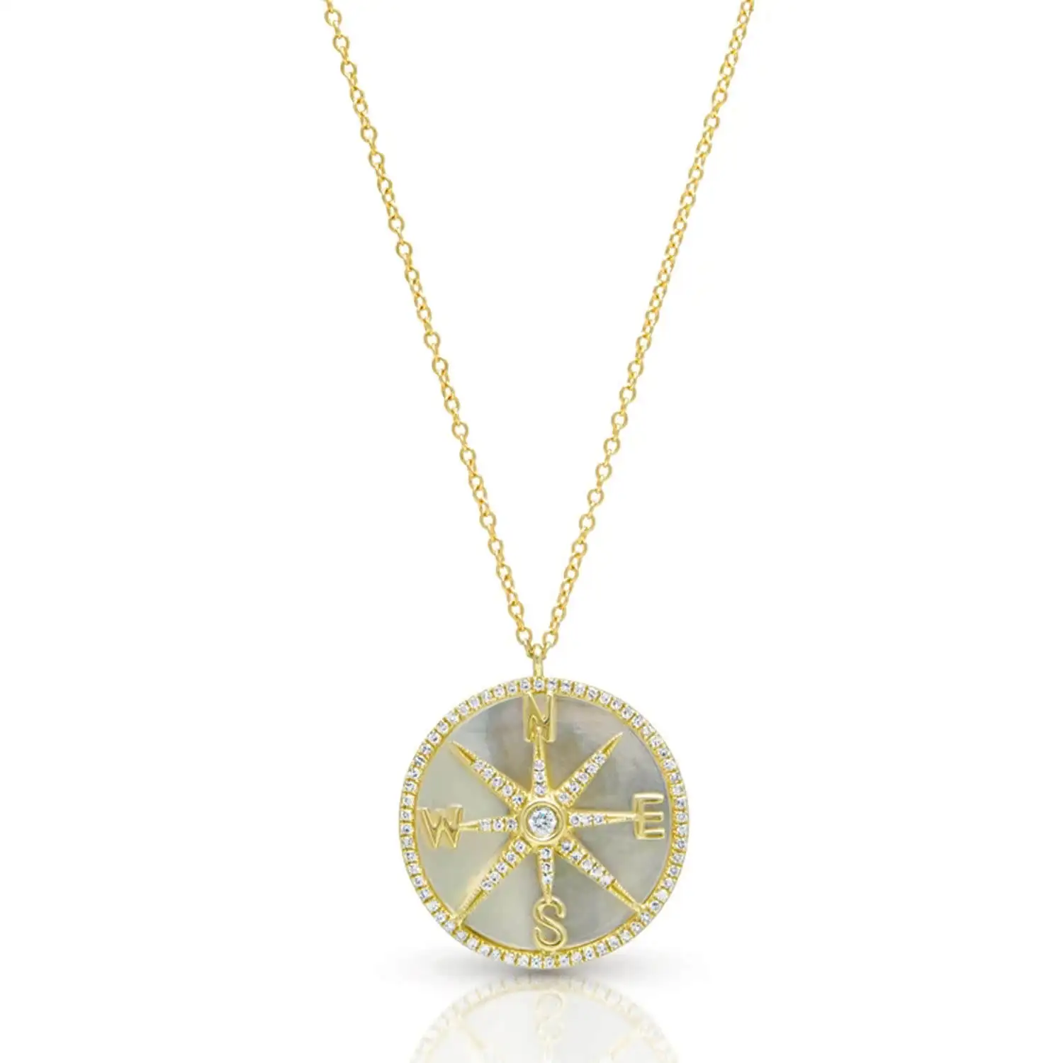 
Bling pave diamond mother of pearl compass medallion necklace yellow gold necklace fashion jewellery 
