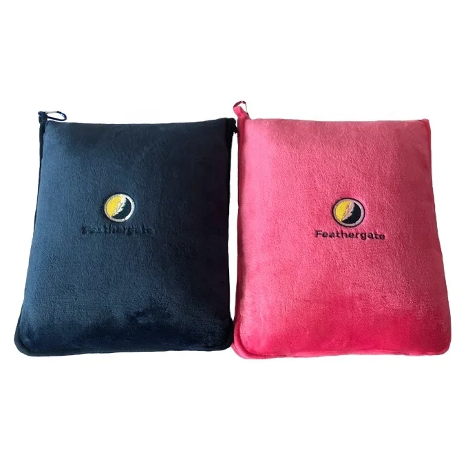 Soft flight throw customize travel pillow blanket with hand luggage belt and backpack clip