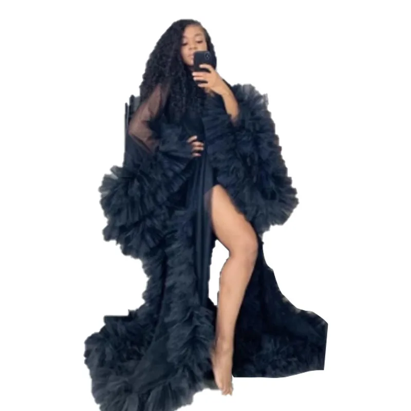 
Factory Tulle Ruffles Black Long Kimono Tiered Ruched A-line Prom Gowns Puffy Sleeves African Cape Cloak Sexy Lingerie 