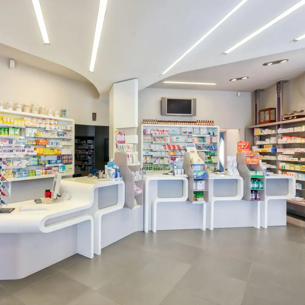 Retail Fixtures Showroom Display Shelf Interior And Exterior Wooden Pharmacy Shop Medical Store Counter Design