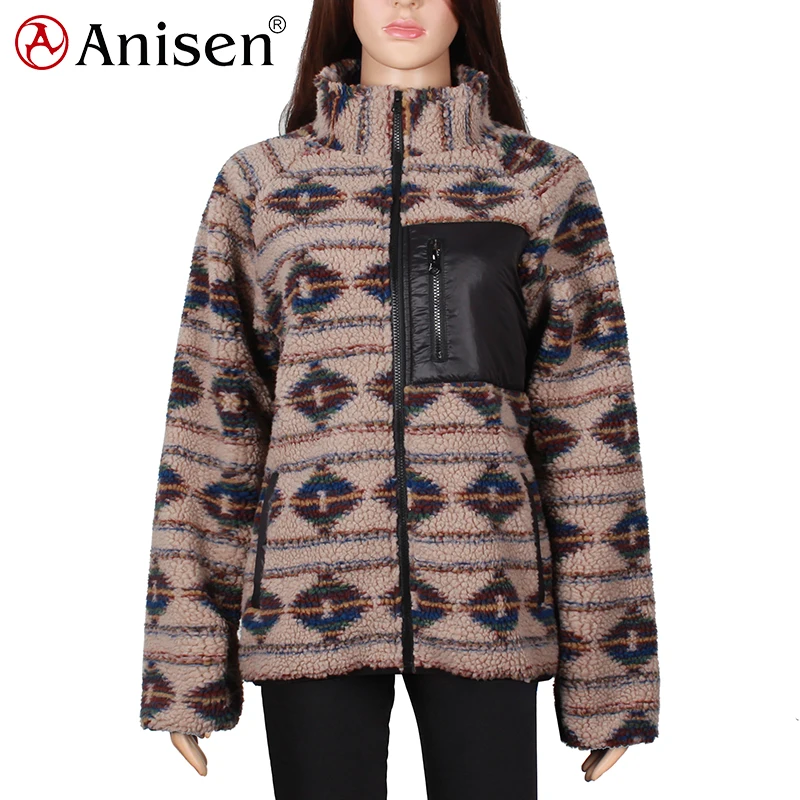 Low moq women sherpa fleece plaid jacket zip up custom logo winter women jacket with hood