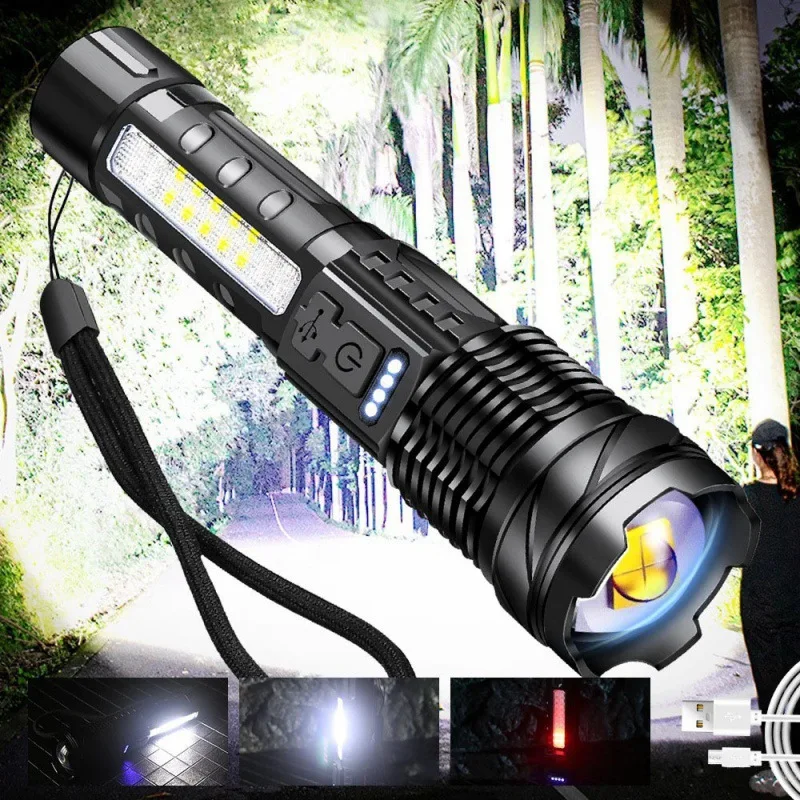 High Power Flashlight LED Zoom Focus Power Display Handheld Torch Type C Rechargeable Flash Light for Camping