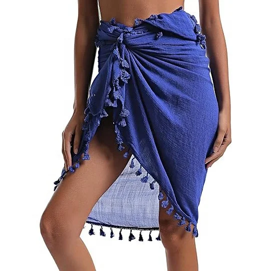 Beach Sarong Pareo Womens Semi-Sheer Swimwear Cover Ups Short Skirt with Tassels