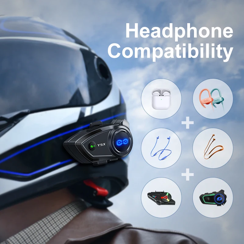 Y5X BT 5.1 Music Sharing Motorcycle Headset Intercom Helmet Group Interphone with 4 People 1000M Walkie-Talkie