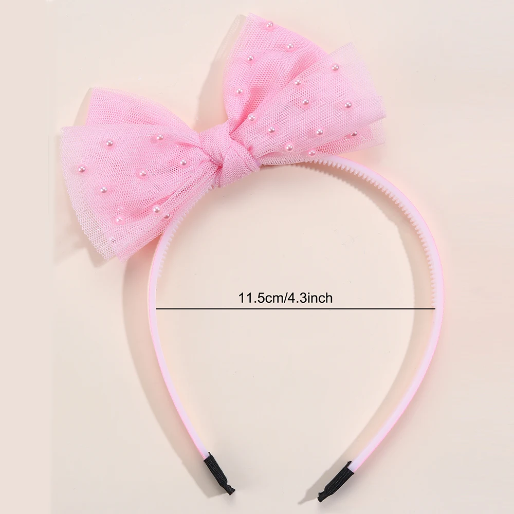 CN Sweet Barrette Mesh Pink Hair Bow for Kids Girls Hairband Boutique Pearl Teeth Headband