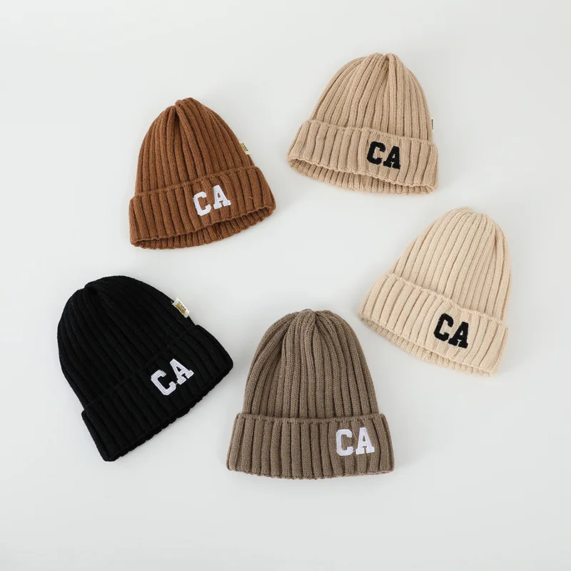 New arrival children embroidery letter cap winter warm 2-6 years kids knitted beanie hat