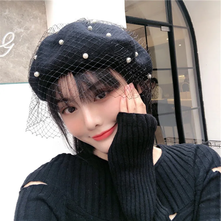 Wholesale England Octagonal Elegant Vintage Lady Winter French Miliary Artist Painter Lace Pearl Wool Beret Cap Girls Hat