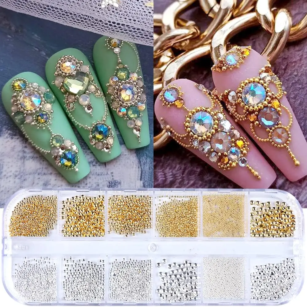 Nail Decorations Mini Metal Gold Steel Ball Beads 12 Grids Nail Jewels Beads Nail Charms Accessories