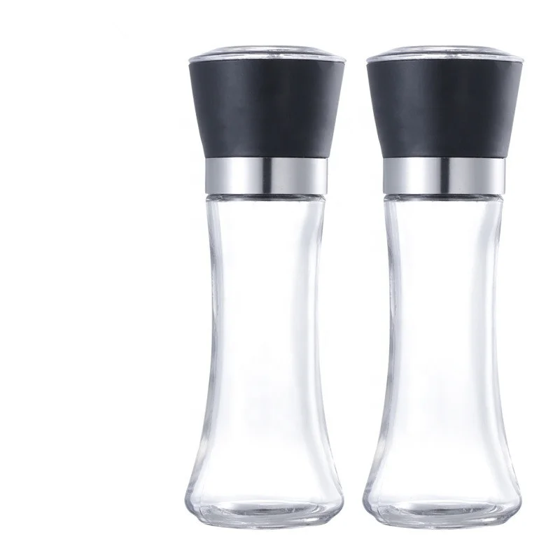 Adjustable ceramic core plastic spice grinder cap salt pepper mill with 200ml glass spice bottle