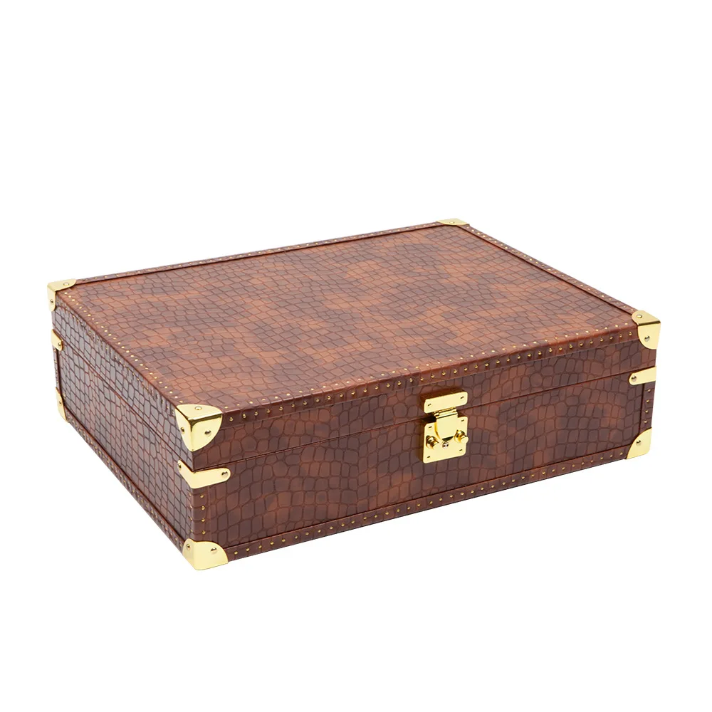 custom logo design available pu leather gold metal hinge brown color wood cosmetic collection storage boxes cases