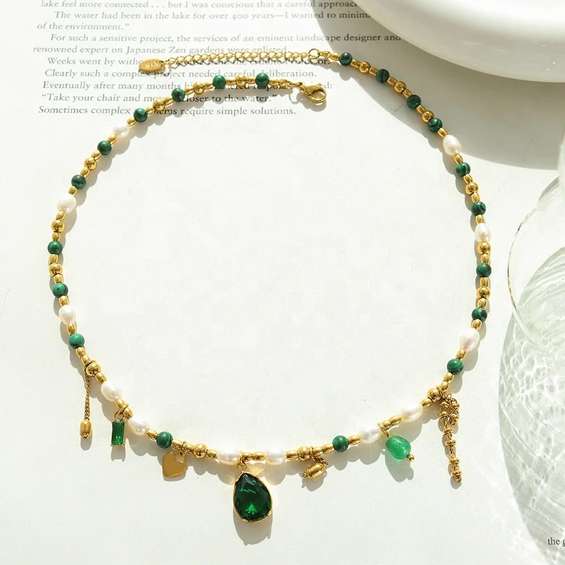 AIZL Peace Energy Jewelry Fresh Water Pearl Green Zircon Malachite Real Gold Plated Stainless Steel  Pearl Choker Necklace