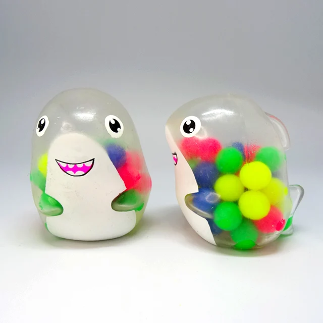 Funny Multi Color Clear Happy Shark Squishy Toy With Color Beads Rainbow Balls