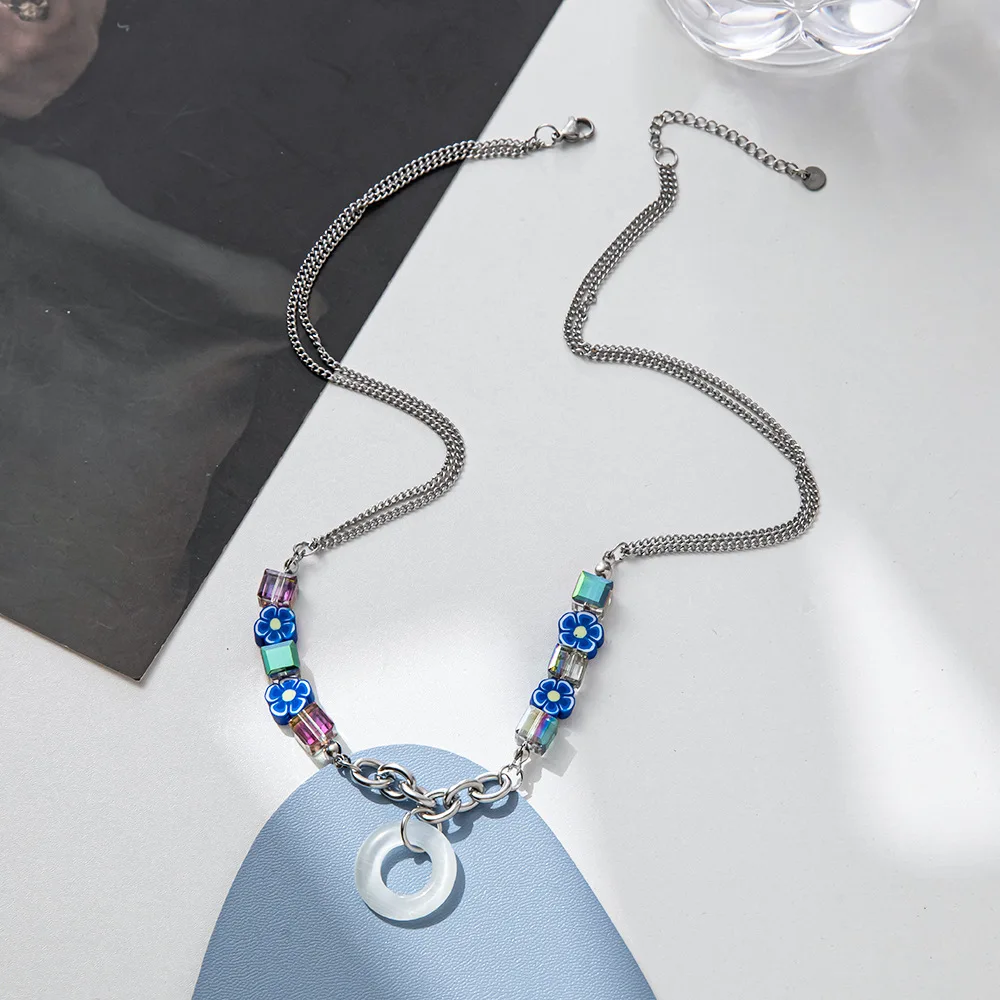 Klein Blue Glass Flowers Beaded Stitching Chain Accessories Double Layer Pendant Necklace Party Simple Cold Style Sweater Chain