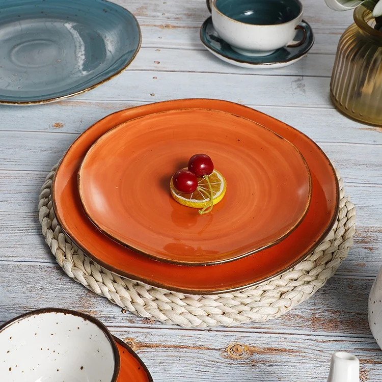 
European Modern Rustic Ceramics Dishes Custom Logo Fine Porcelain Dinner Plates Sets Dining Ceramic Plates for Restaurants 