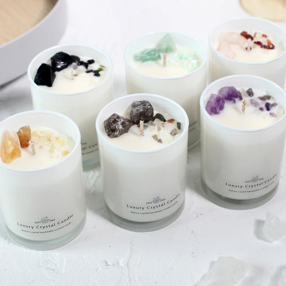 wholesale luxury scented candle mate glass jar Home decoration soy wax handmade chakra healing  velas candles with crystals