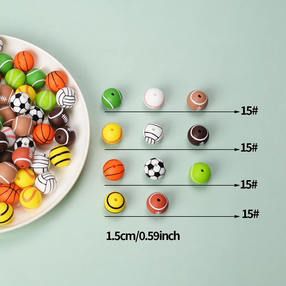 New In Stocks Sports Series 15mm Round Silicone Beads Baseball Volleyball Soccer Rugby Tennis Basketball Printed Silicon Beads