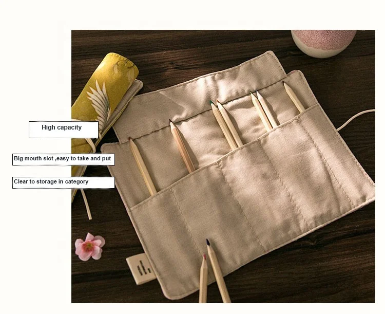 Chinese vintage painting style pencil roll wrap holder high quality pen pouch case