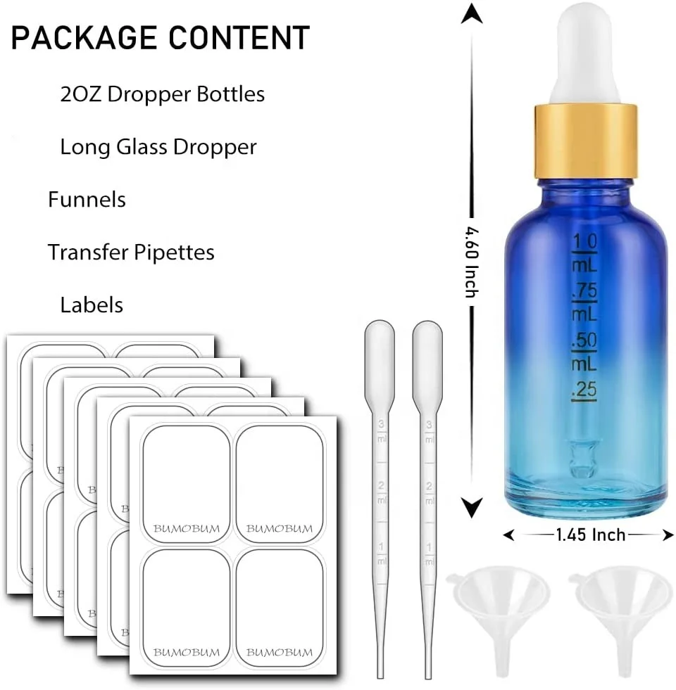 Glass Dropper Bottles 2 Oz Tincture Bottles with Dropper Empty Glass Bottles with Golden Top Cap for Essential Oils