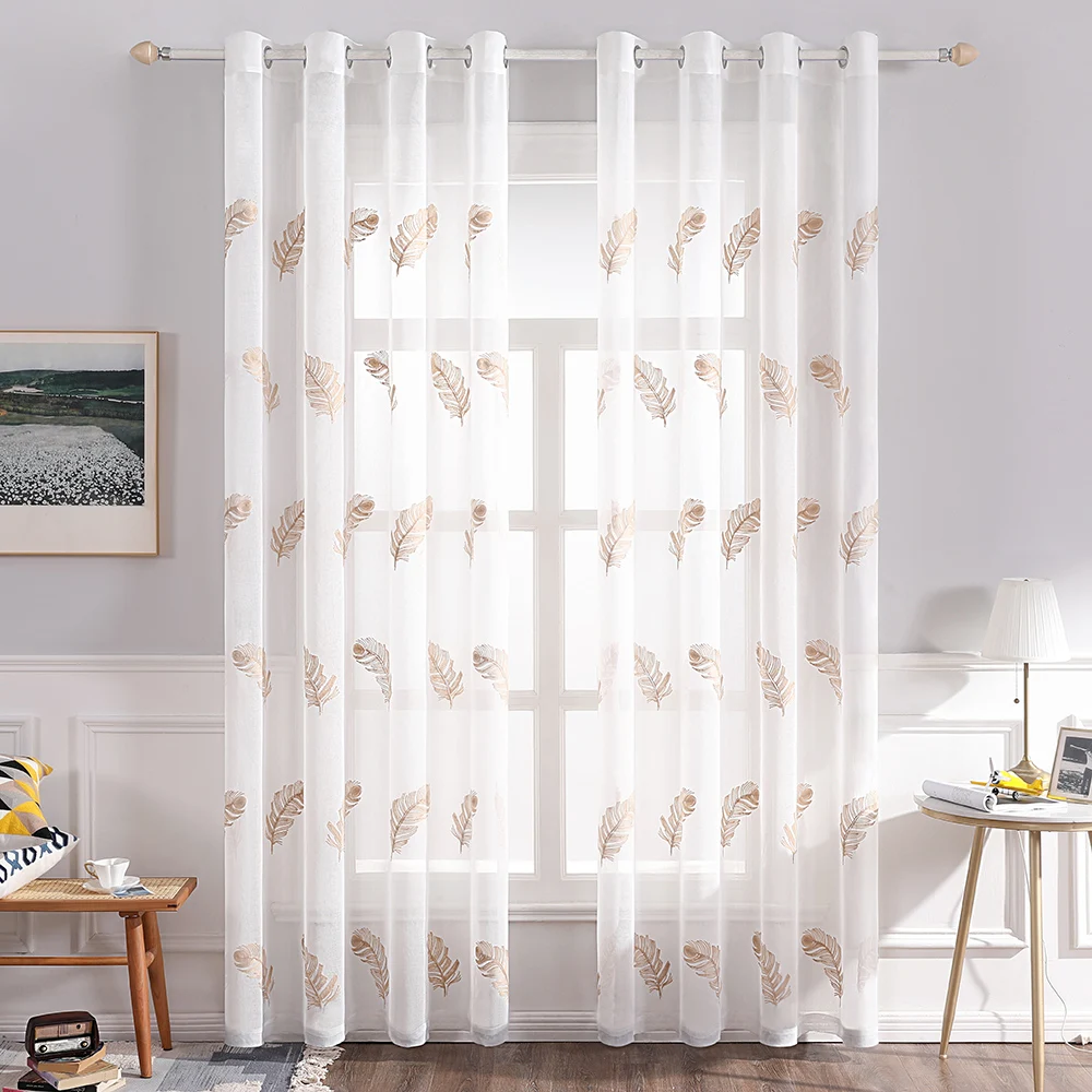 Best Selling Embroidered Sheer Pelmet Window Curtain Feather Design Grommet Window Curtains  For Living Room Bedroom Hotel Home