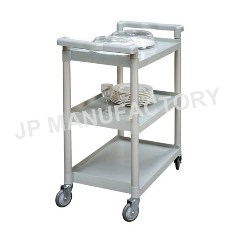 Small Grey Utility Cart 3 Shelves Service Cart PP Plastic Canteen Restaurant Service Trolley